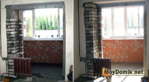 Кладка кирпича по краю балконного проема, чтобы увеличить ширину стены под радиатор отопления