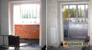 Штукатурка и шпаклевка балконного проема, установка нового радиатора отопления (узкий и высокий)